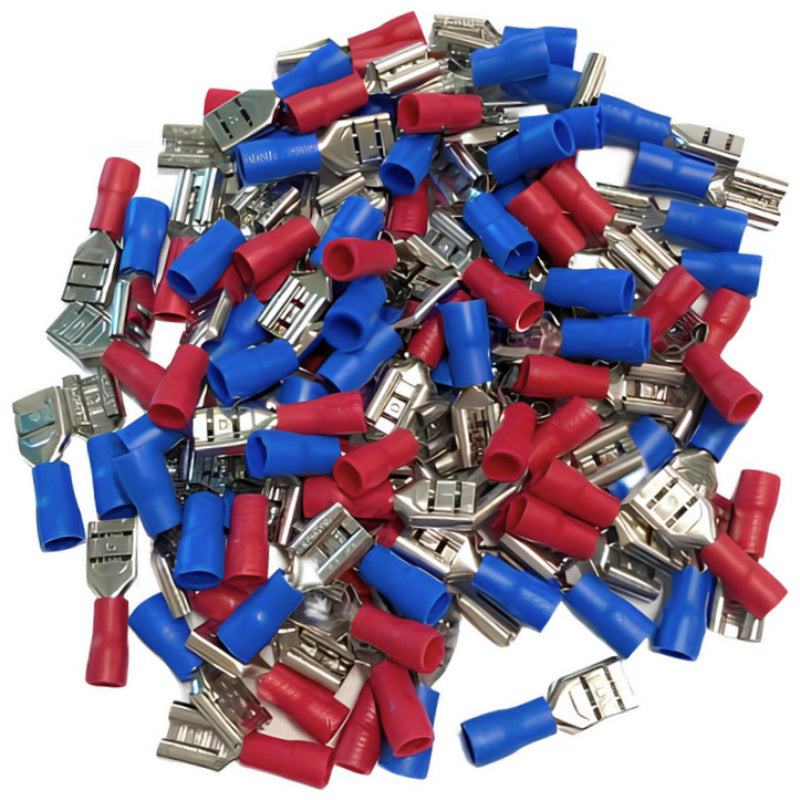 Insulated Female Spade Crimp Terminals Red & Blue 6.3mm (100 Pack)