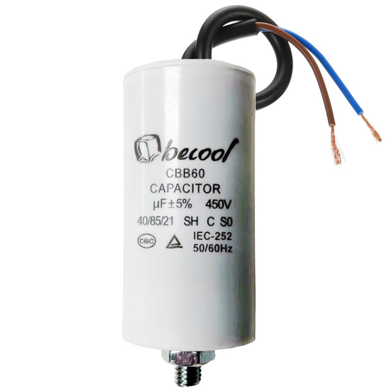 Capacitor 8uF 450V AC 63mm x 33mm Plastic with Leads & Stud (M8)