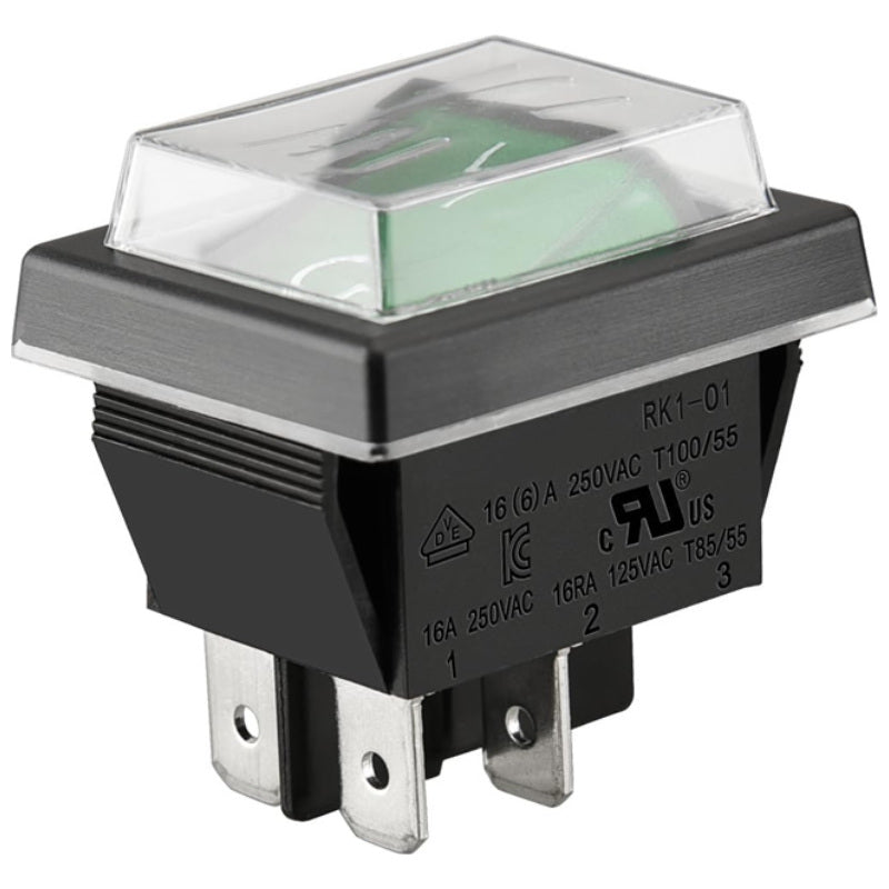 Green Illuminated Rocker Switch – DPST 16A 250V IP65 Cover (21mm x 28mm Cutout)