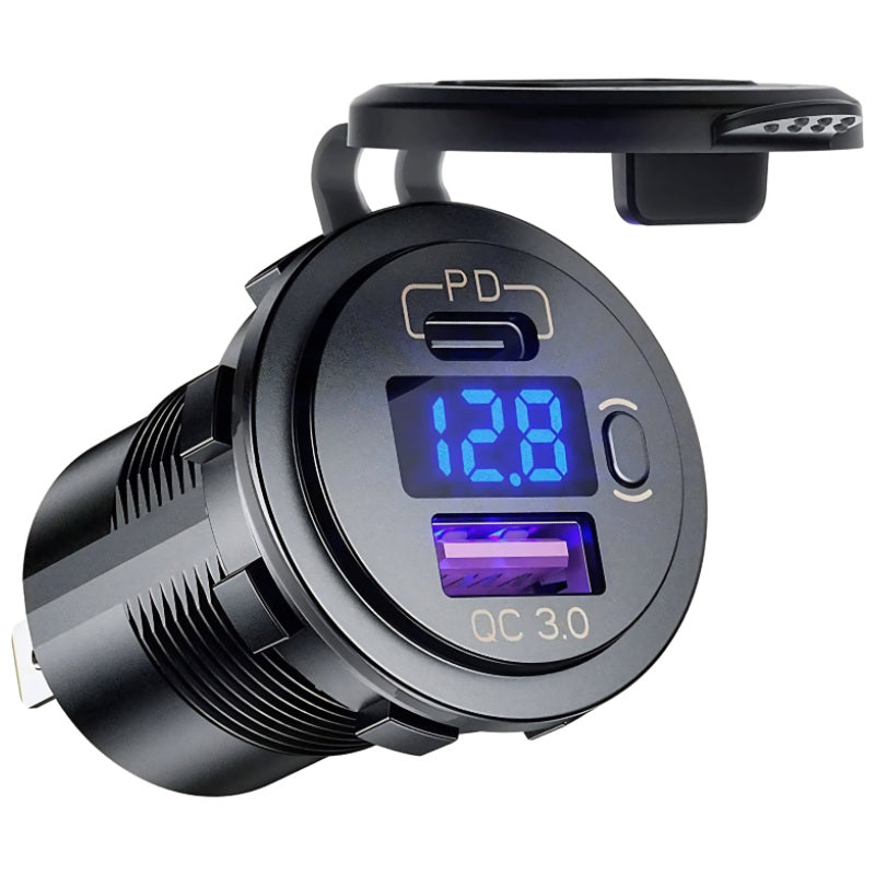 Dual USB Type C + QC3.0 Outlet Charger Socket with DC Voltmeter & Switch Control