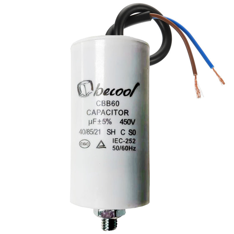 Capacitor 1.5uF 450V AC 63mm x 33mm Plastic with Leads & Stud (M8)