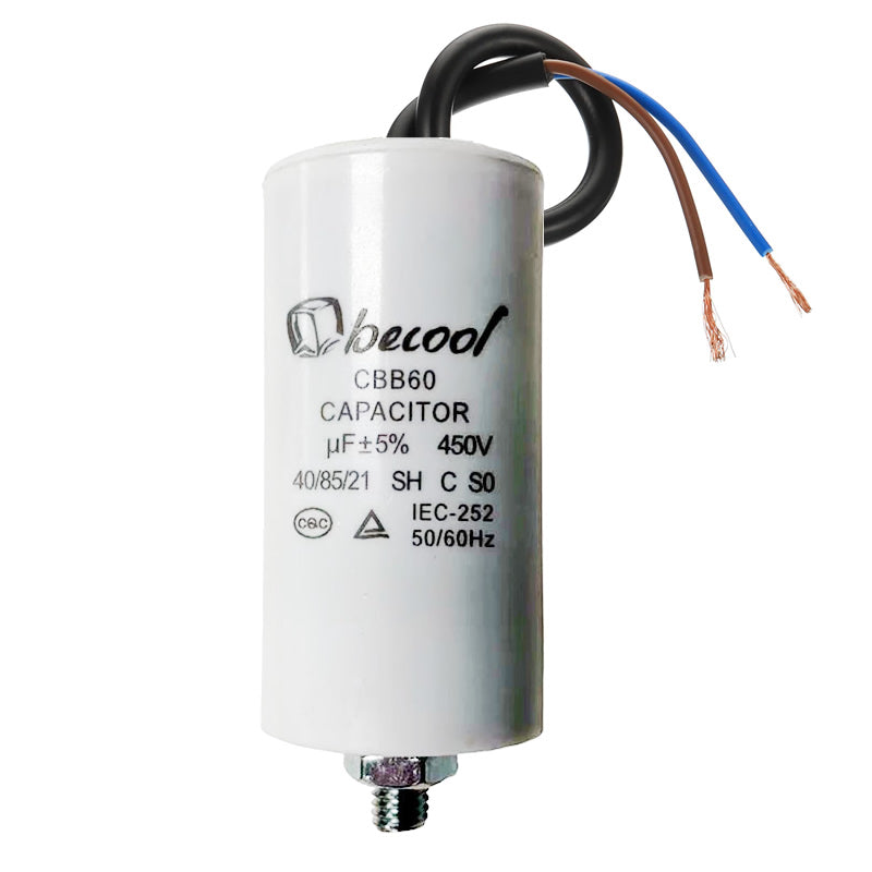 Capacitor 8uF 450V AC 63mm x 33mm Plastic with Leads & Stud (M8)
