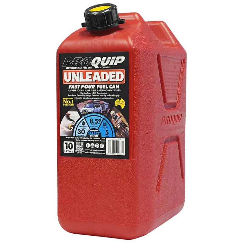 10L Plastic Fast Pour Fuel Can – Unleaded Red