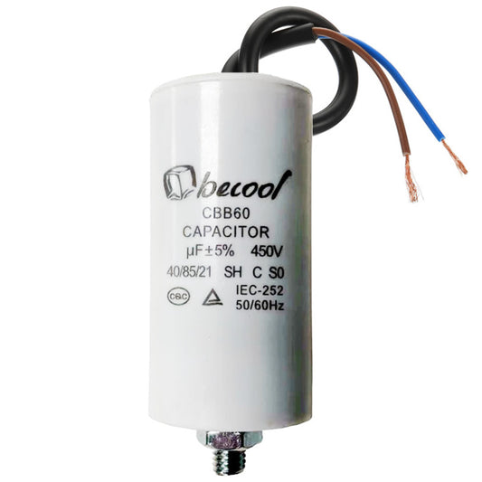 Capacitor 2uF 450V AC 63mm x 33mm Plastic with Leads & Stud (M8)