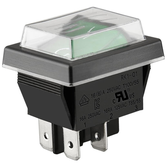 Green Illuminated Rocker Switch – DPST 16A 250V IP65 Cover (21mm x 28mm Cutout)