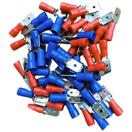 Insulated Spade Crimp Terminals Red & Blue 6.3mm (50 Pack)