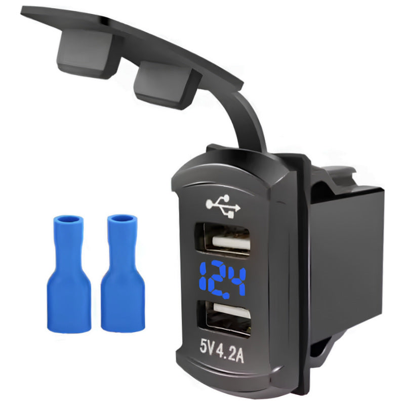 Dual USB Charger Socket 5V/4.2A with Blue LED Voltmeter 12-24V DC – Panel Mount (IP65)