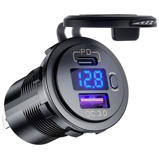 Dual USB Type C + QC3.0 Outlet Charger Socket with DC Voltmeter & Switch Control
