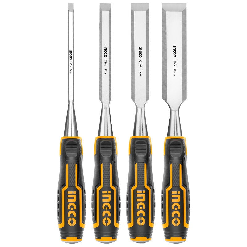 Ingco 4-Piece Wood Chisel Set (6, 12, 19, 25mm) – 140mm Chrome-Vanadium Blades