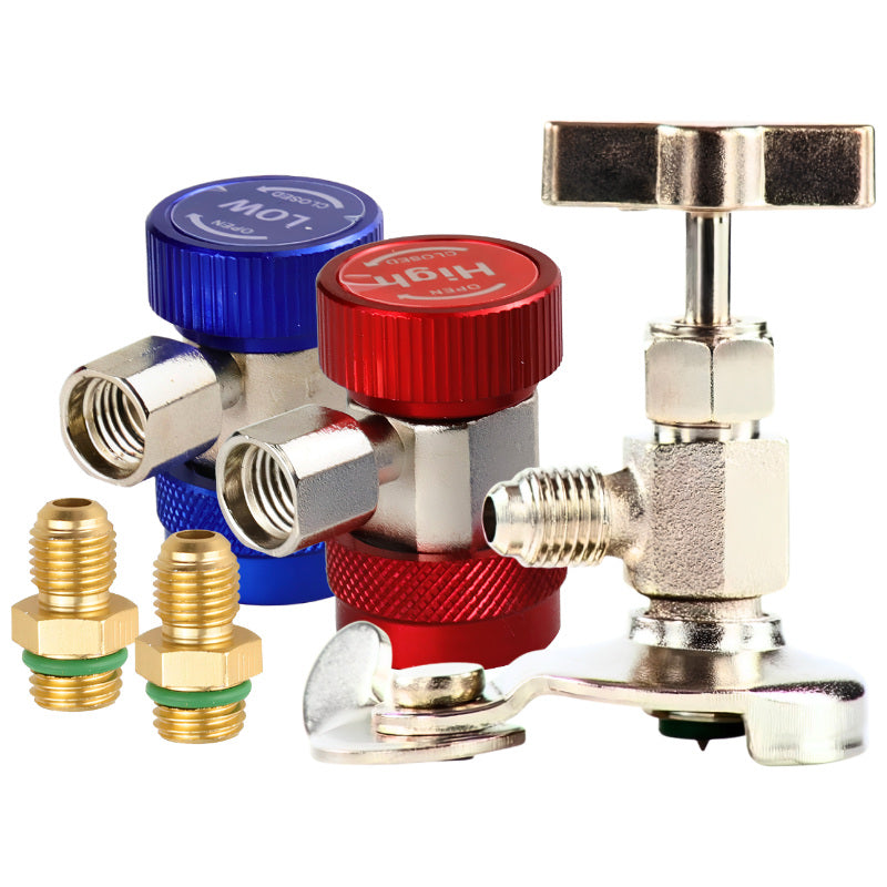 Automotive AC Service Kit (3‑Piece) – High & Low R134a Quick Couplers & Can Tap Valve