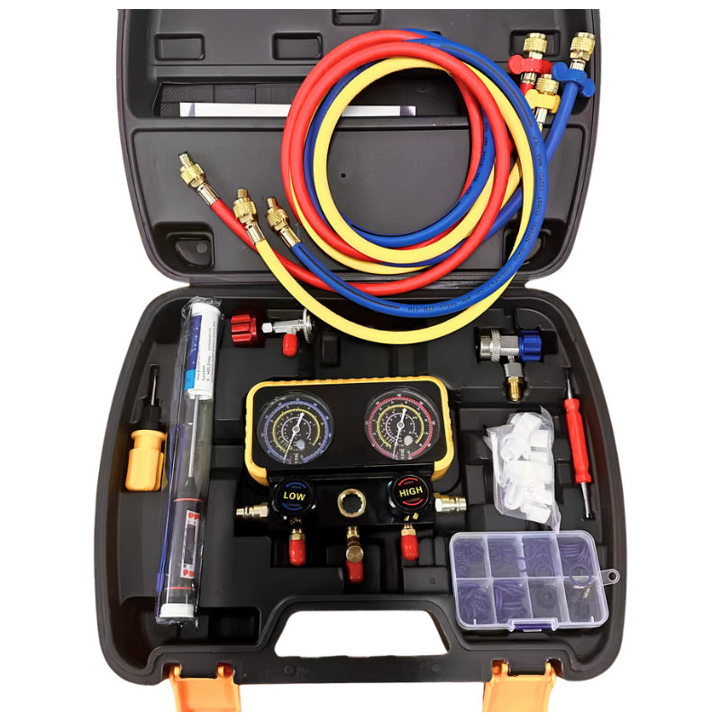 Universal 3 Way HVAC & Automotive AC Manifold Gauge Set (R22, R32, R134a, R410a) with Hoses