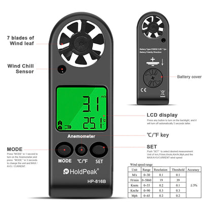 HP-816B Handheld Anemometer with Wind Speed Range 0.3 -30m/s