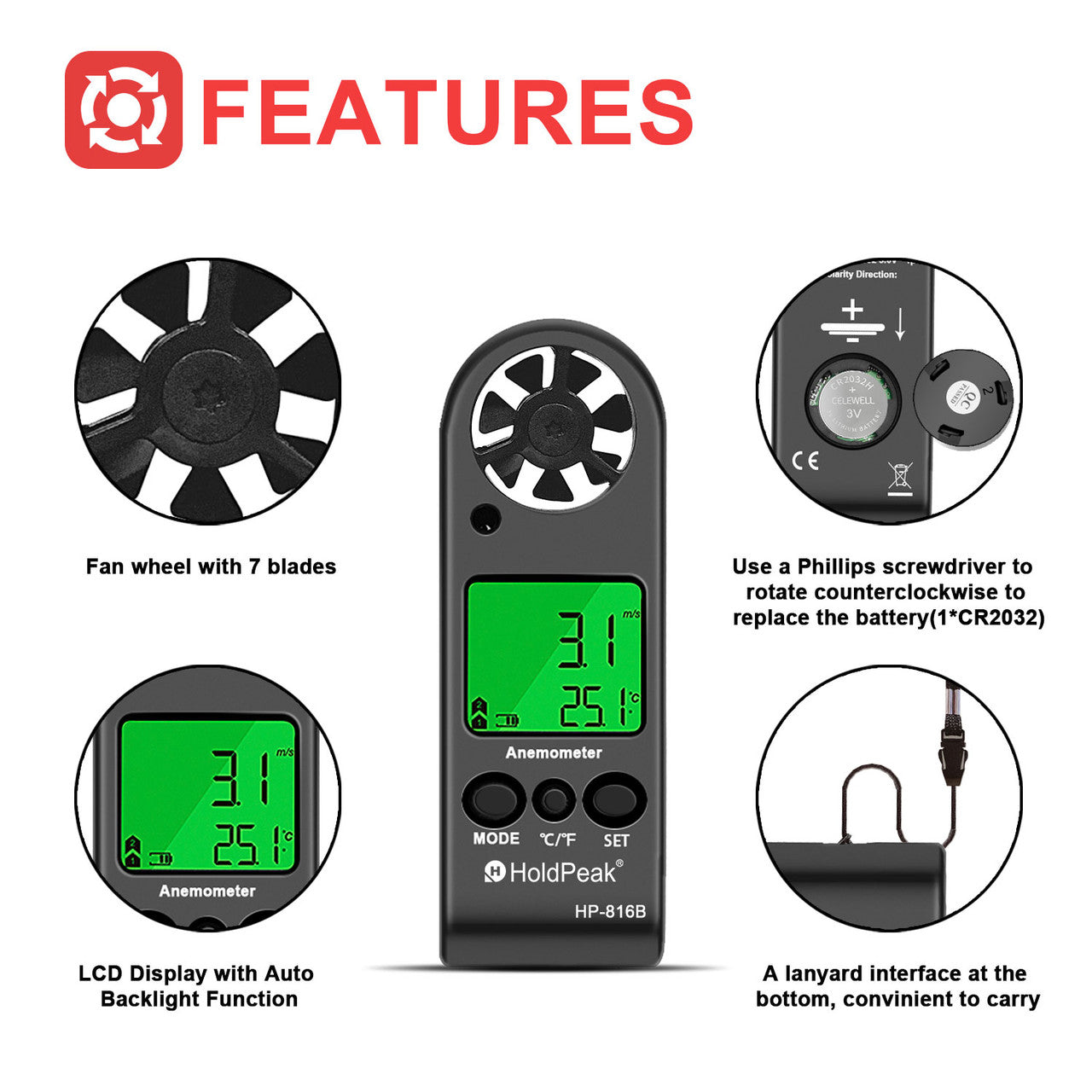 HP-816B Handheld Anemometer with Wind Speed Range 0.3 -30m/s