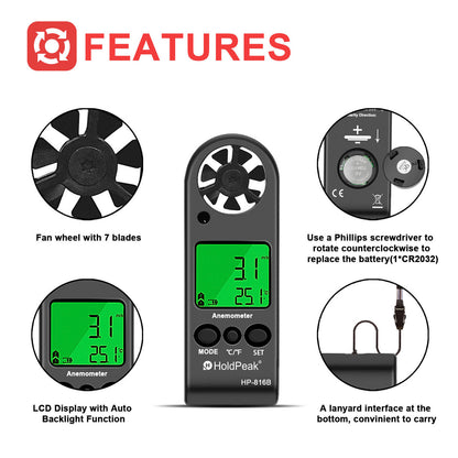 HP-816B Handheld Anemometer with Wind Speed Range 0.3 -30m/s
