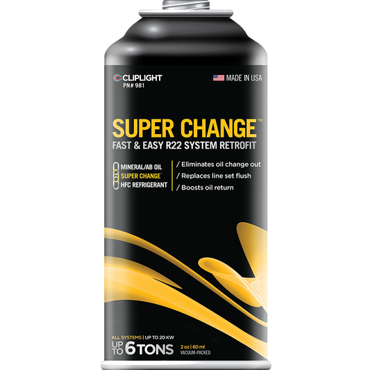 SUPER CHANGEª- Fast & easy R22 system retrofit. Links mineral/AB oil to any HFC refrigerant. Eliminates oil change requirements. Conversion flush not required. Boosts oil return & heat transfer. Re-useable hose sold separately