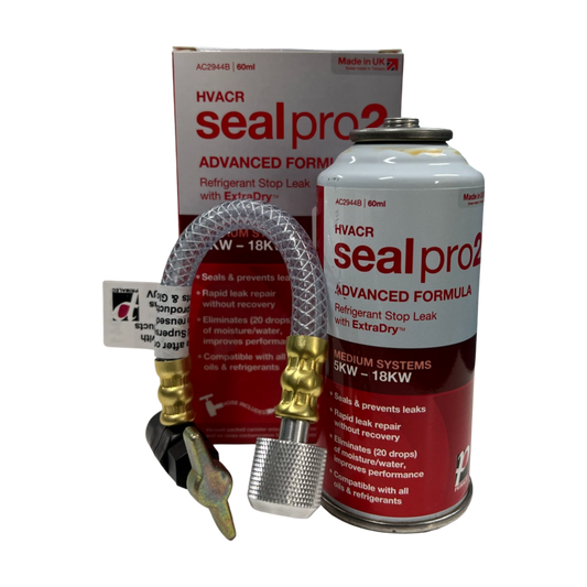 SEAL PRO 2 ADVANCED: seals leaks in all commercial and industrial systems. Includes disposable connector hose. Compatible with all refrigerants & lubricants. Systems 5 kw to 18 kW.