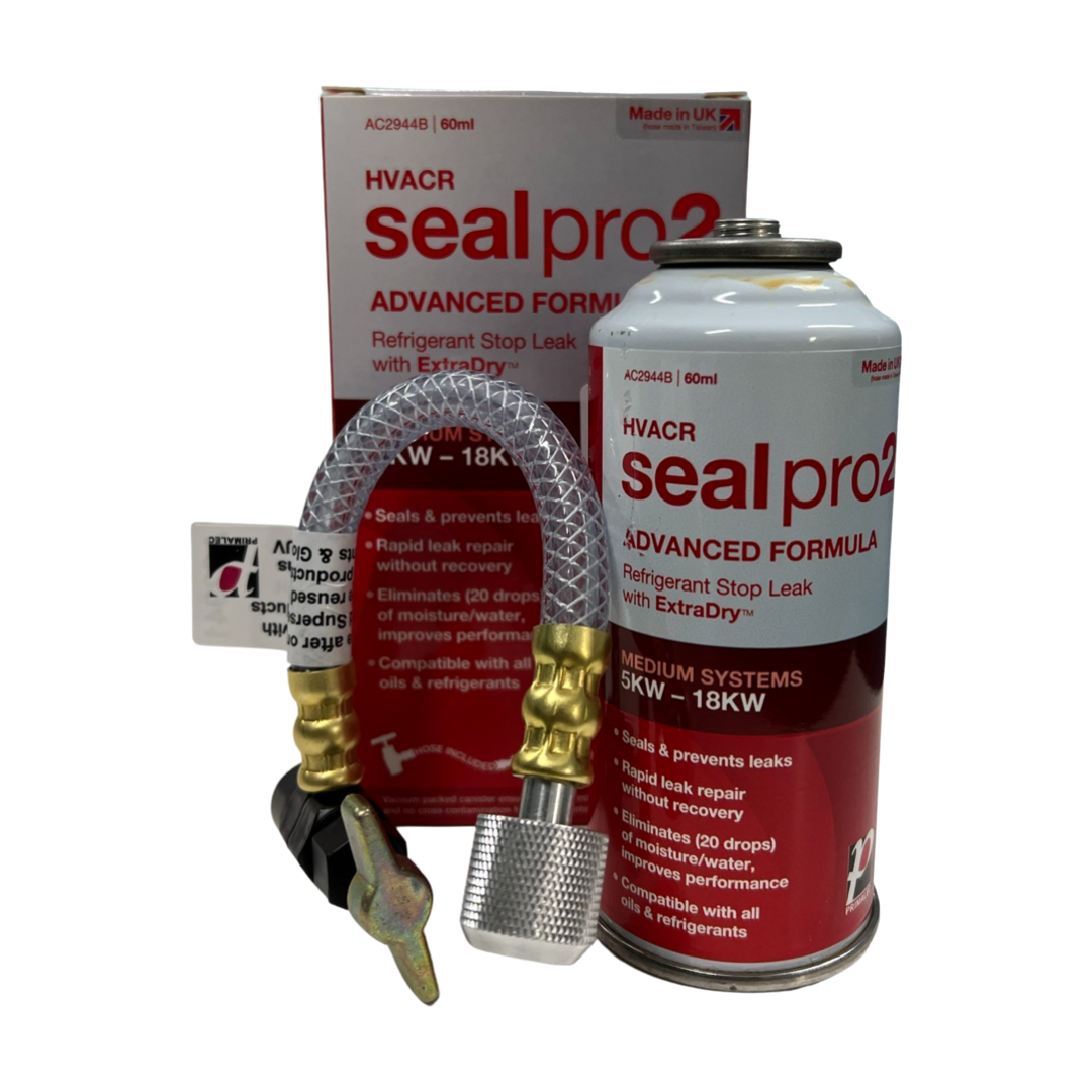 SEAL PRO 2 ADVANCED: seals leaks in all commercial and industrial systems. Includes disposable connector hose. Compatible with all refrigerants & lubricants. Systems 5 kw to 18 kW.