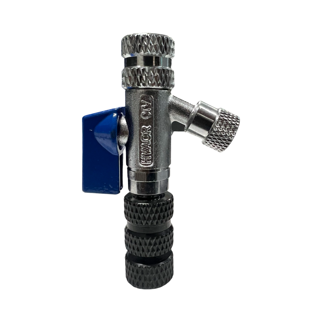 HVACR Valve Core Remover, accessible 65-degree-angle side free flow port (no internal threads), allowing 33 percent faster refrigerant recovery.