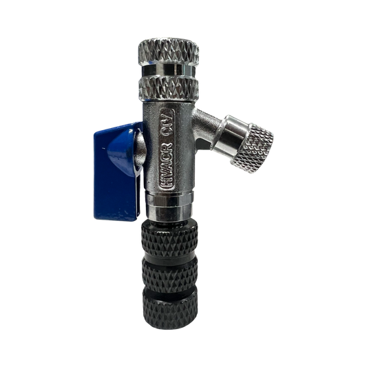 HVACR Valve Core Remover, accessible 65-degree-angle side free flow port (no internal threads), allowing 33 percent faster refrigerant recovery.