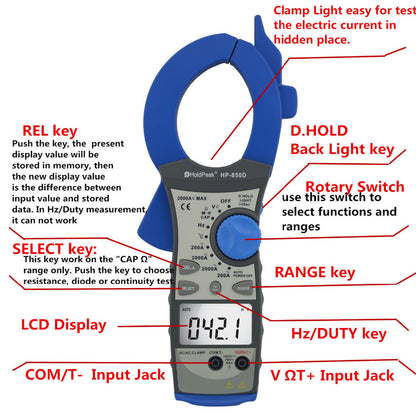 HoldPeak HP-850D 2000A Clamp Meter with Frequency Temperature Capacitance Duty Cycle Test