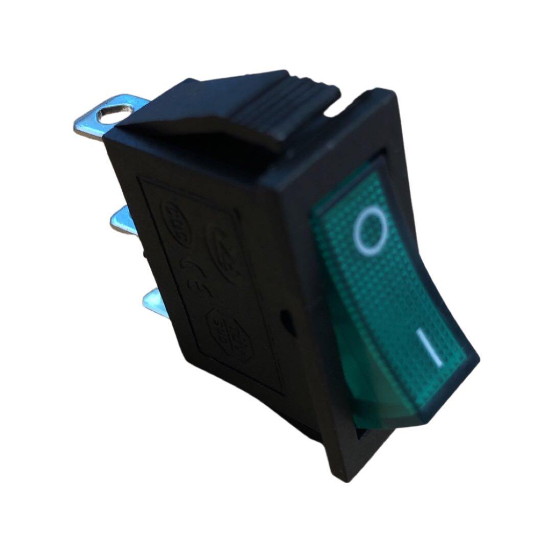 SPST GREEN ILLUM ROCKER SWITCH 15A@250V opening size 10mm x 28mm