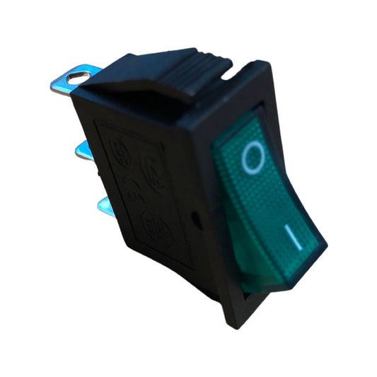 SPST GREEN ILLUM ROCKER SWITCH 15A@250V opening size 10mm x 28mm