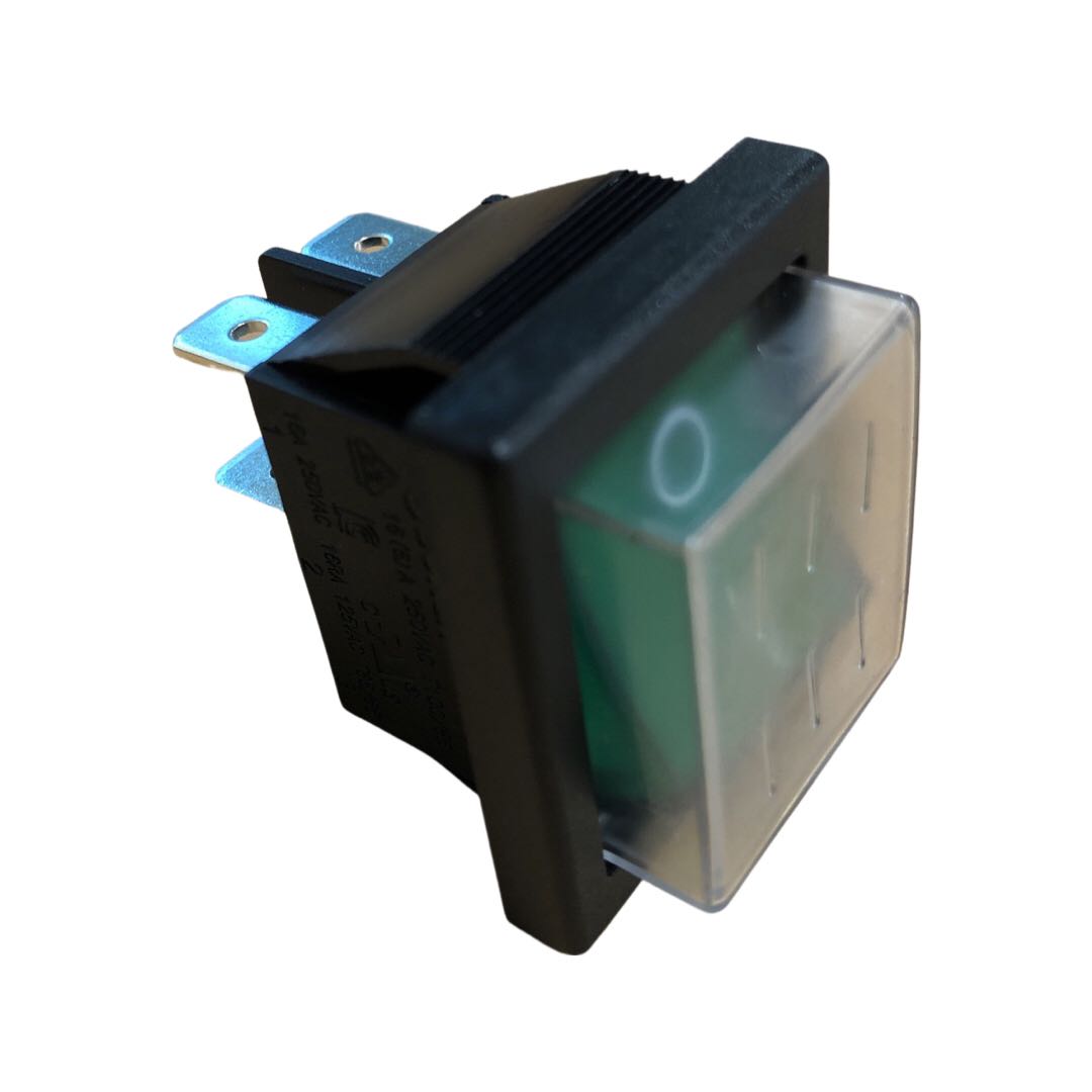 DPST GREEN ILLUM ROCKER SWITCH WITH COVER IP65 16A@250V opening size 21mm x 28mm
