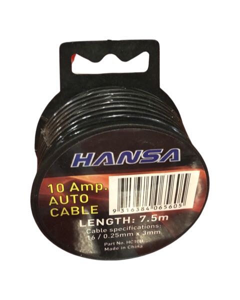 10 AMP AUTO CABLE 7.5M - 16/0.25mm x 3mm Black