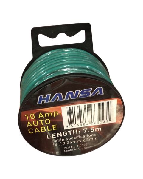 10 AMP AUTO CABLE 7.5M - 16/0.25mm x 3mm GREEN