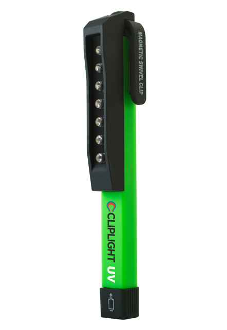 UV Pocket Lamp: 7 high intensity UV LEDs, 180 degree swivel magnetic clip, magnetic base, compact size, 3 AAA batteries included, no UV enhancing glasses needed.