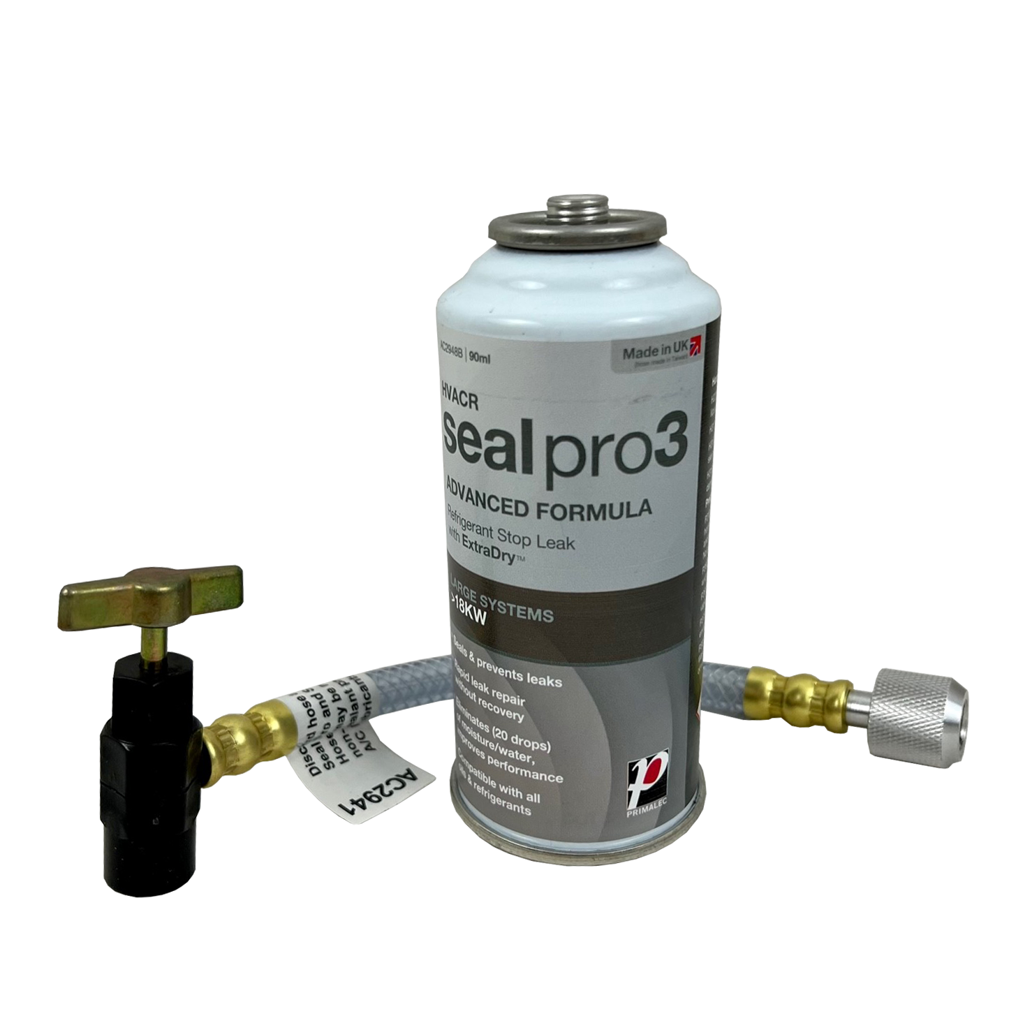 SEAL PRO 3 ADVANCED: seals leaks in all commercial and industrial systems. Includes commercial and industrial systems. Includes disposable connector hose. Compatible with all refrigerants & lubricants. Systems 18 kW and above.